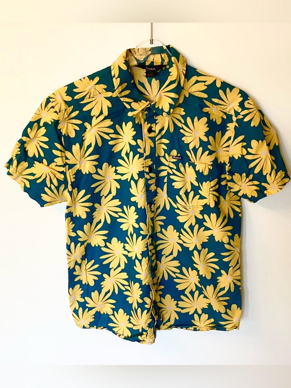 RVCA Short Sleeve Kimura Daisy Floral Print Button Up Shirt - Teal/ Yellow - M